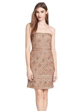 Adrianna Papell Strapless Beaded Champagne Mini Dress Size 10